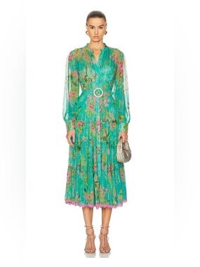 HEMANT & NANDITA Aqua Floral Maxi Dress with Pink Accents